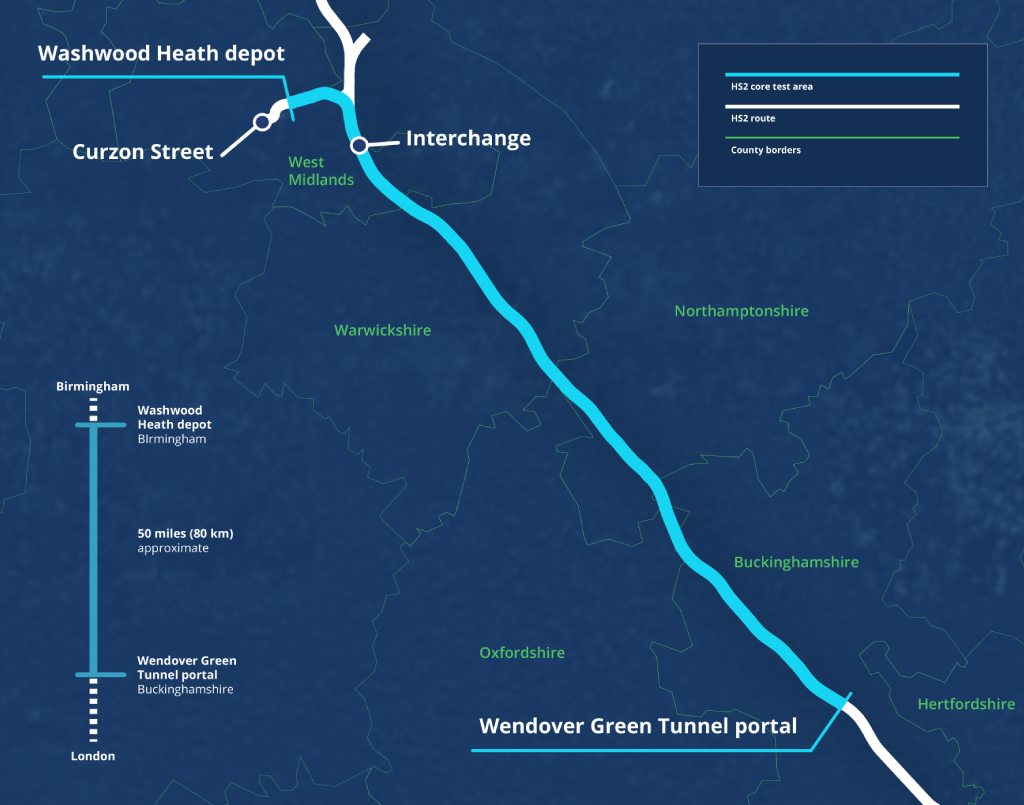 A map showing a proposed test area for the HS2 line