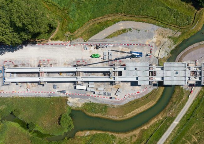 An aerial view of track building on the HS2 scheme
