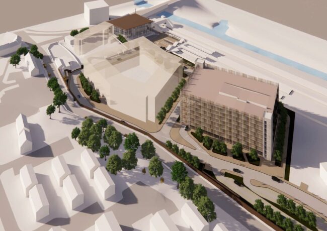 An artists impression of a proposed new development at Northampton Railway Station.