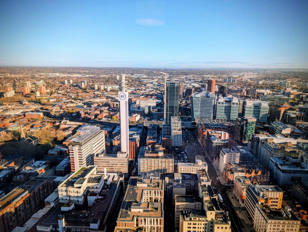 Birmingham city centre and the BT tower viewed from the Octagon tower. Credit: Place Midlands