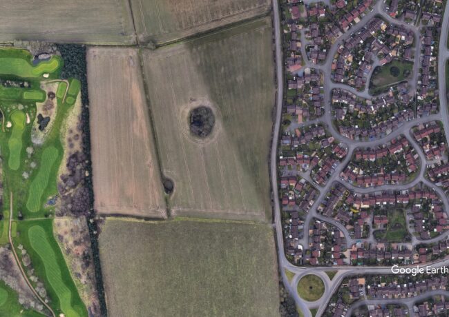 Aerial view of agricultural land near Perton, Staffordshire, earmarked for residential development.