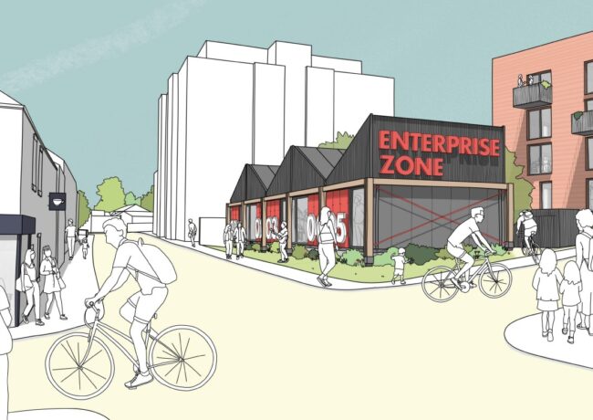 A visual of a proposed mixed-use development in Newcastle Under Lyme
